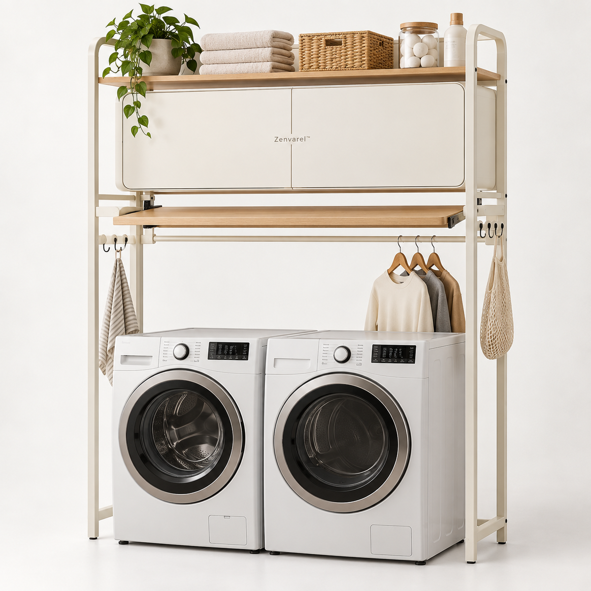 BridgeFold Over-Washer Laundry Organizer With cabinets