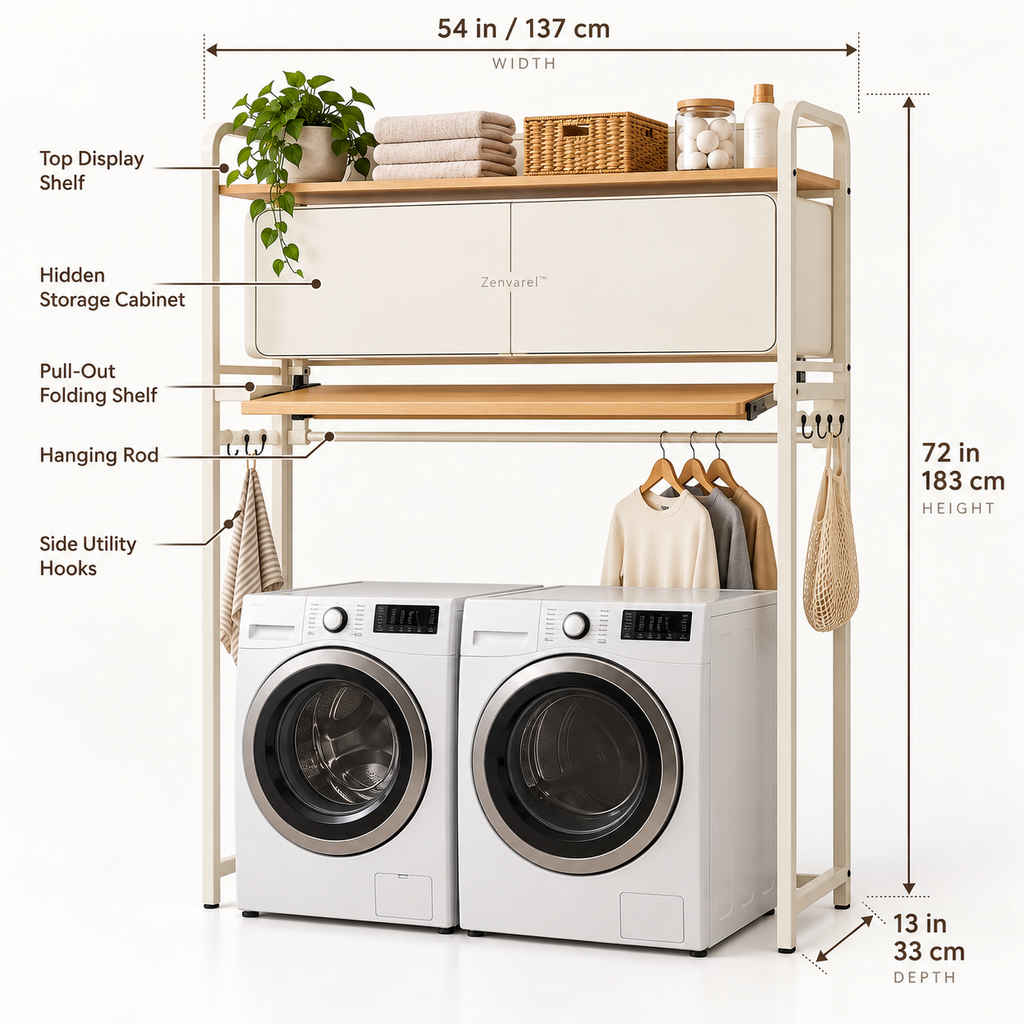 BridgeFold Over-Washer Laundry Organizer With cabinets