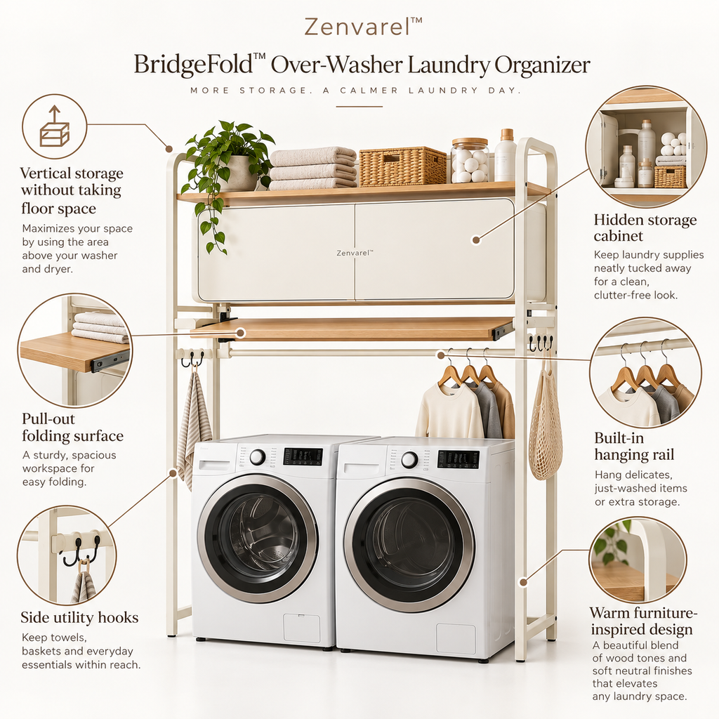BridgeFold Over-Washer Laundry Organizer With cabinets