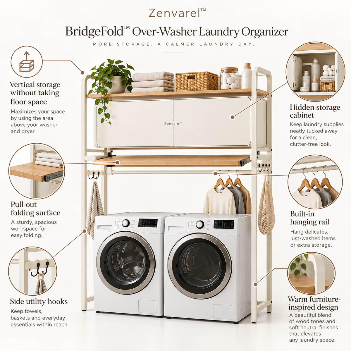 BridgeFold Over-Washer Laundry Organizer With cabinets