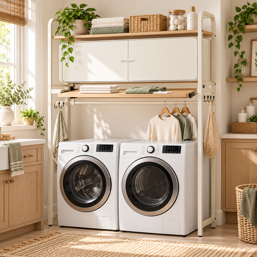 BridgeFold Over-Washer Laundry Organizer With cabinets